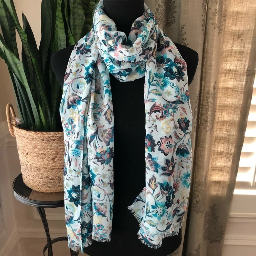 Boutique Blue‎ Floral Lightweight Rectangle Scarf Boho Lotus Flower Teal Aqua